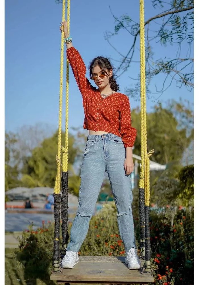 Red Cotton Crop Top with Yellow Bagh Hand-Block Print-1.webp